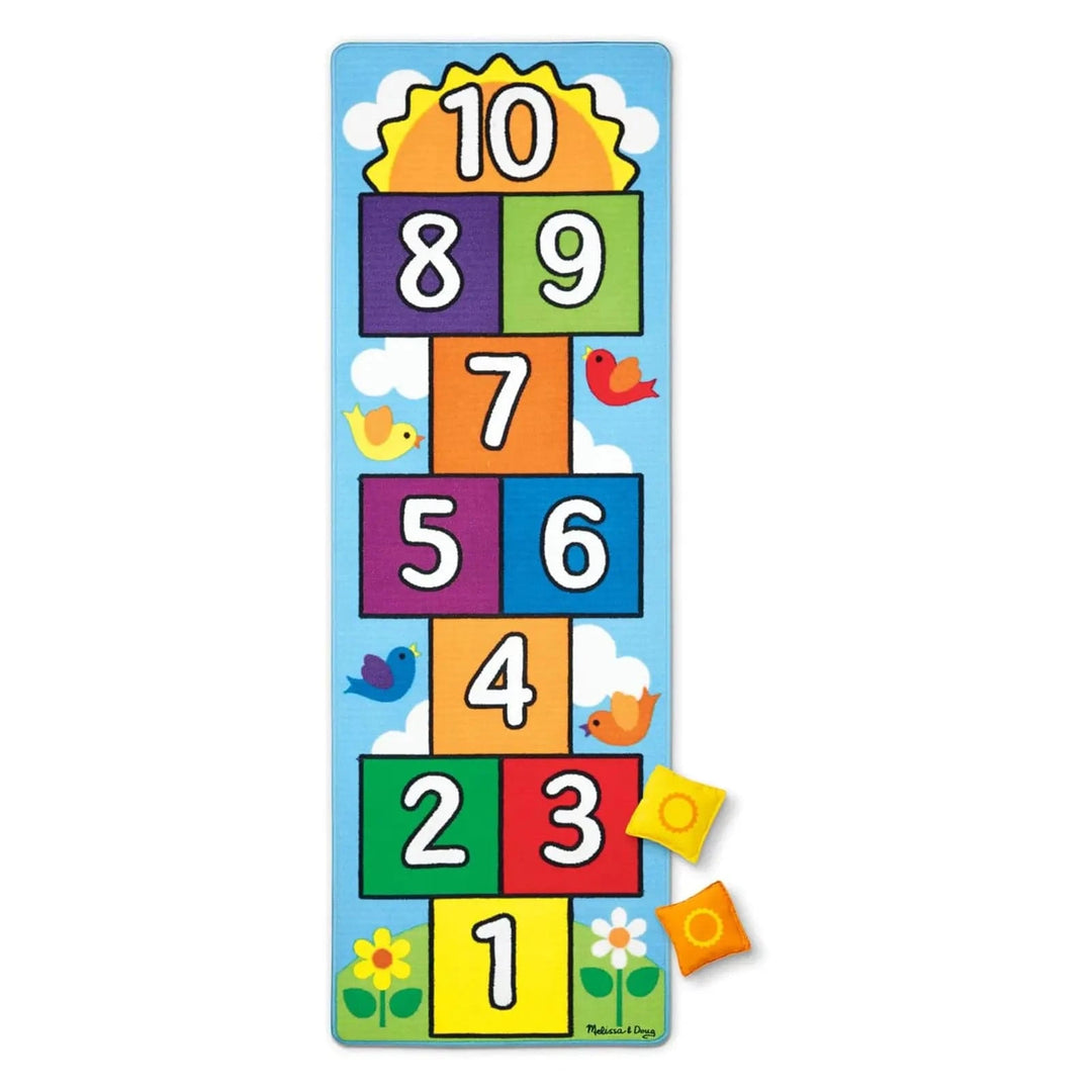 Melissa & Doug Hopscotch rug with bright colours and 2 beanbags