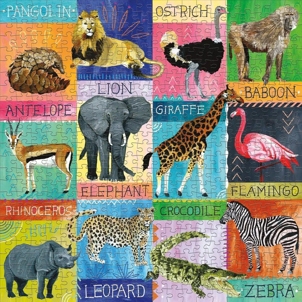 Completed Painted Safari 500 piece jigsaw puzzle with an image of 12 wild animals