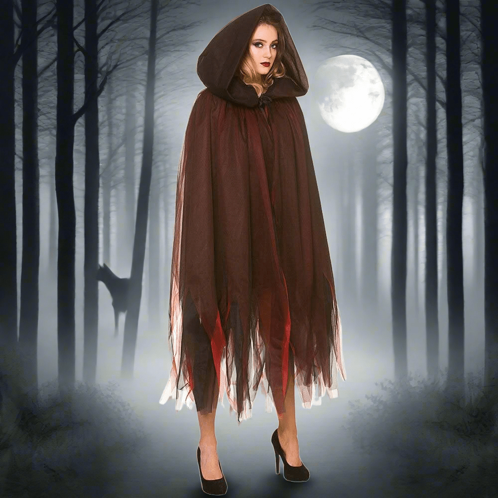 Deluxe Layered Hooded Cape Deep Red Fringed Fancy Dress XS Stock