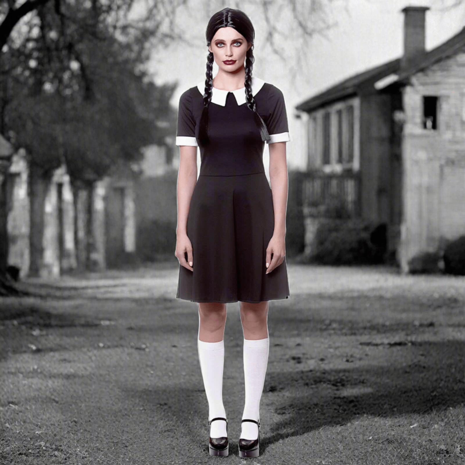 Buy Womens Creepy School Girl Black Dress Wednesday Addams | XS Stock   XS-Stock.co.uk