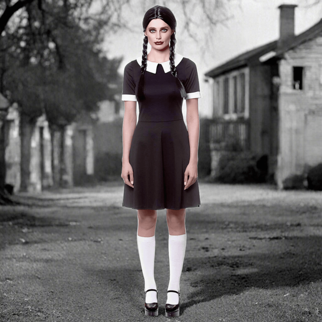 Buy Womens Creepy School Girl Black Dress Wednesday Addams XS
