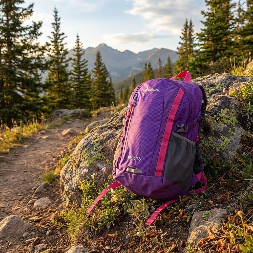 Purple backpack on a rock with a mountainous landscape in the background