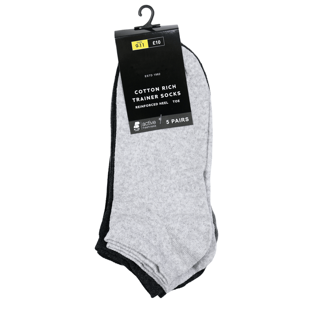 mens cotton rich trainer socks assorted with reinforced heel and toe in cardboard packaging with hook for hanging in size 9-11, 5 pairs, active freshness