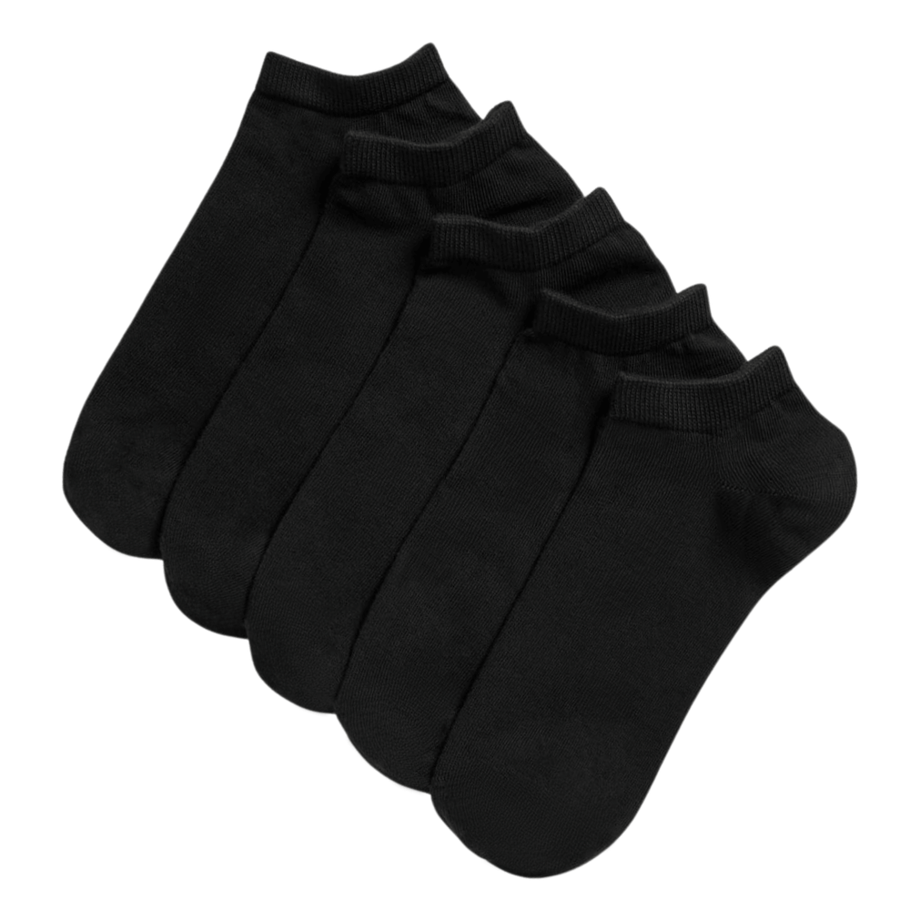 5 pairs of black trainer socks sitting together on top of each other on white background