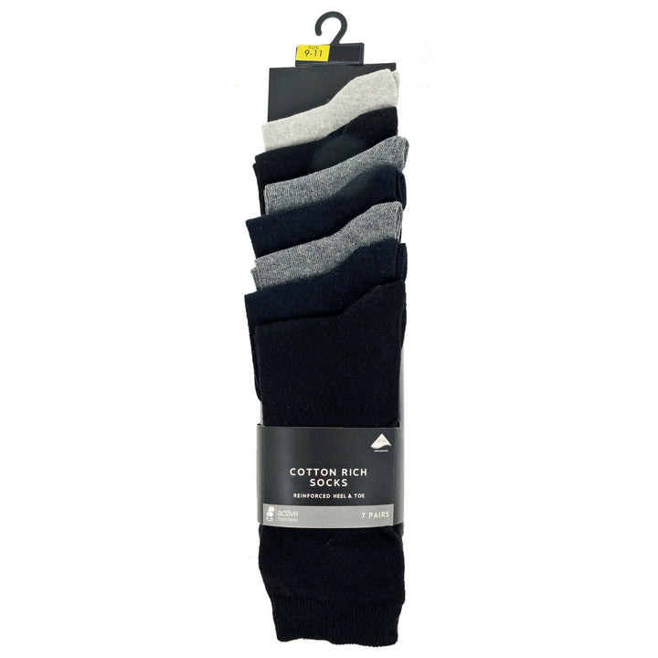 7 pairs of cotton rich socks with reinforced heel &amp; toe in black and grey