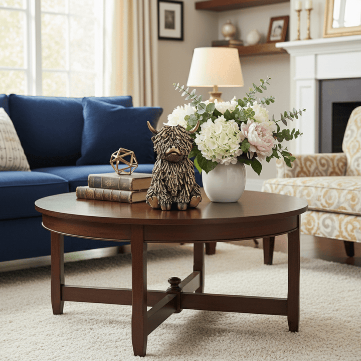 Living room with a wooden coffee table, blue sofa, and floral arrangement.