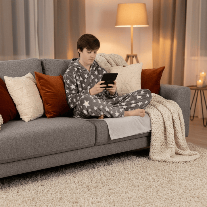 Person sitting on a gray couch using a tablet in a cozy living room.