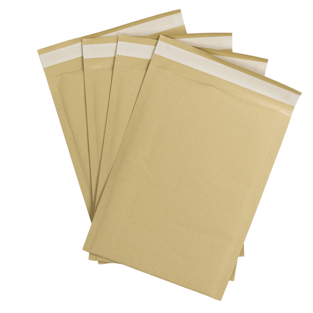 set of 4 brown paper envelopes with self seal tab piled on top of each other on white background
