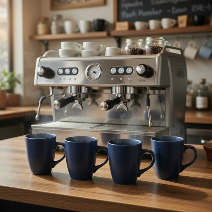 Espresso machine with four blue cups on a wooden counter in a coffee shop setting.