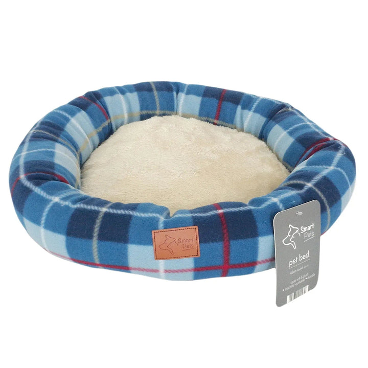 Blue checked tartan fleece round bed for small dogs and cats