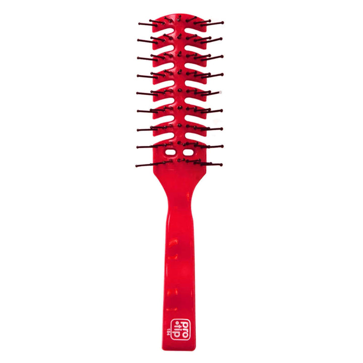 A red hairbrush with multiple dark brown bristles and a white 'Pro-tip' logo near the base of the handle, shown against a plain white background.