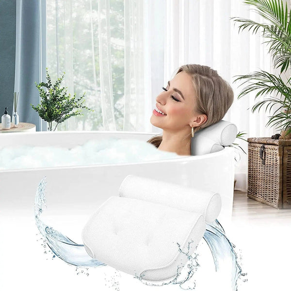Lady relaxing in a bath with neck resting on a spa pillow