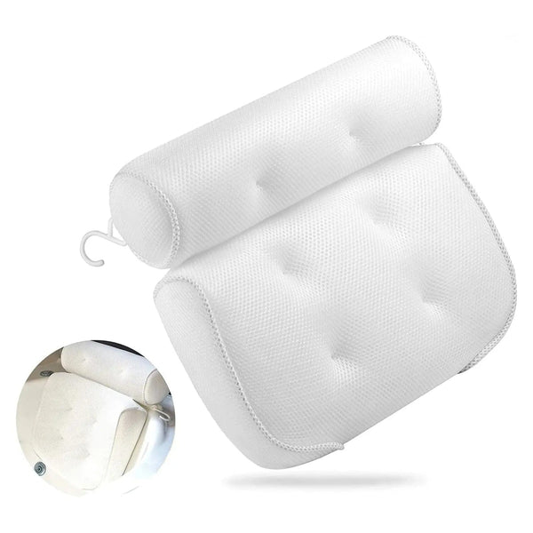 Mesh covered bath pillow in white with hanging hook