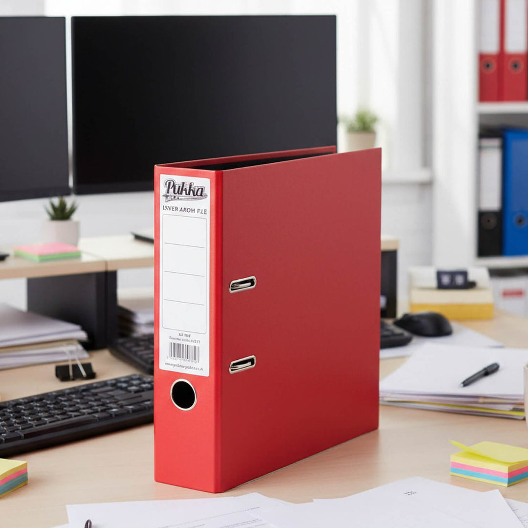 A red cover arch file holder with silver metal rings, standing on a light wood desk in an office setting with a keyboard, computer monitor, and papers visible.