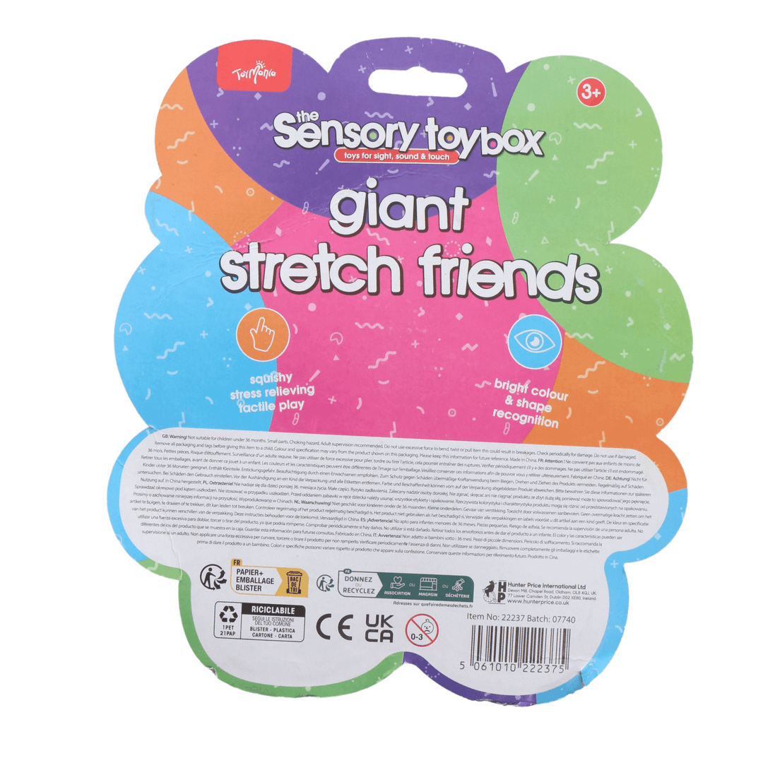 back view of packaging in bold colours featuring squishy stress relieving, tactile play feature details and bright colour and shape recognition