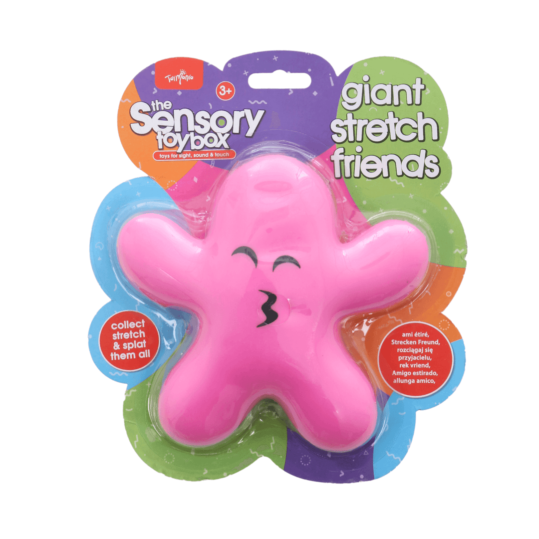 pink giant stretch friends with paper packaging featuring 'toy mania' brand logo, 'the sensory toy box -toys for sight, sound and touch' details with collect, stretch and splat them all.