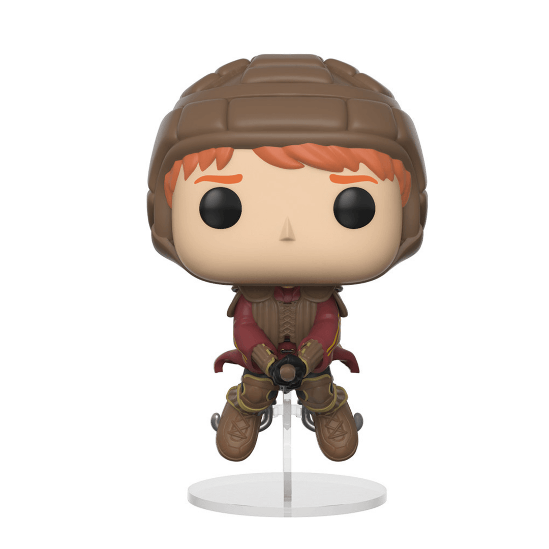 ron weasley vinyl figure on broom stick wearing quidditch uniform displayed on collectors stand