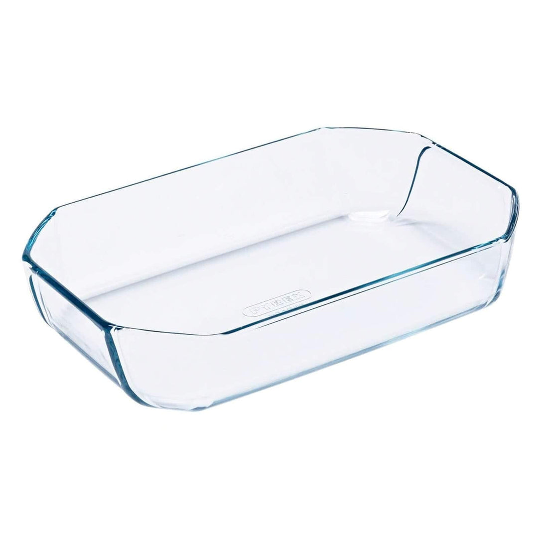 Pyrex clear glass baking dish on a white background