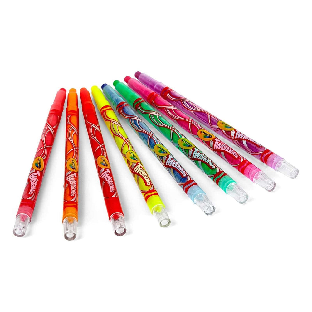 Set of colourful Twistable crayons with vibrant designs on a white background