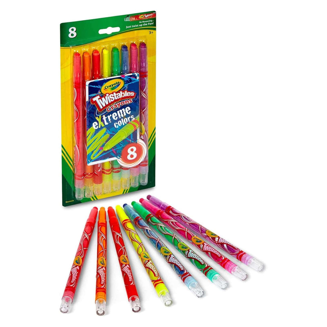 Crayola Twistables extreme colours crayons with packaging on a white background