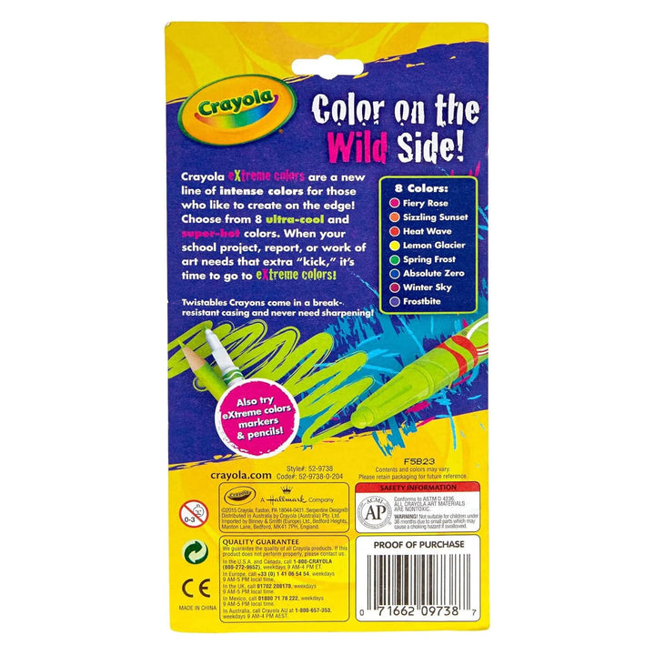 Back of the packaging for Crayola Twistables crayons in extreme colours