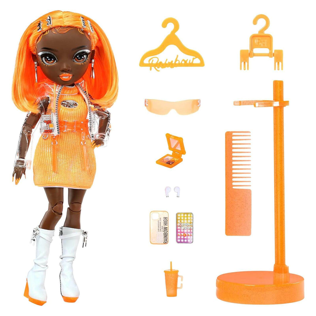 Michelle from Rainbow High doll with orange accessories