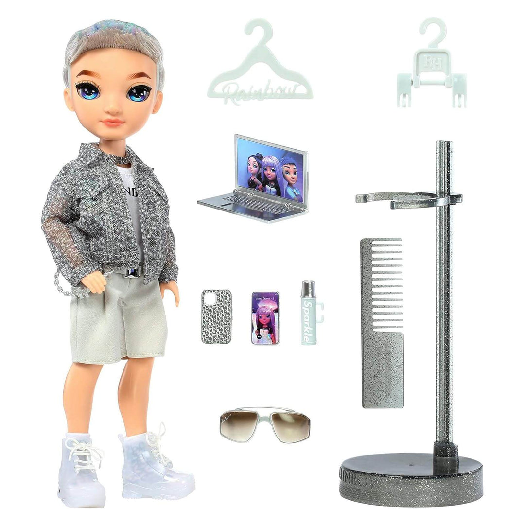 Aiden from Rainbow High doll with accessories including a laptop, phone, and stand on a white background