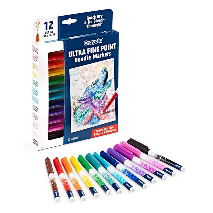 Crayola Ultra Fine Point Doodle Markers in 12 colours set with packaging on a white background