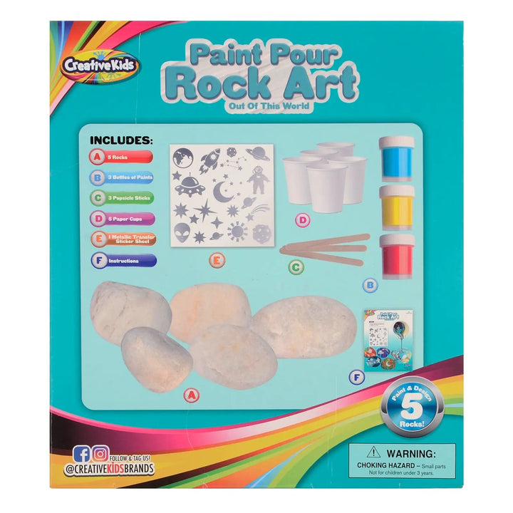 Back of the pack showing contents of Paint Pour Rock Art