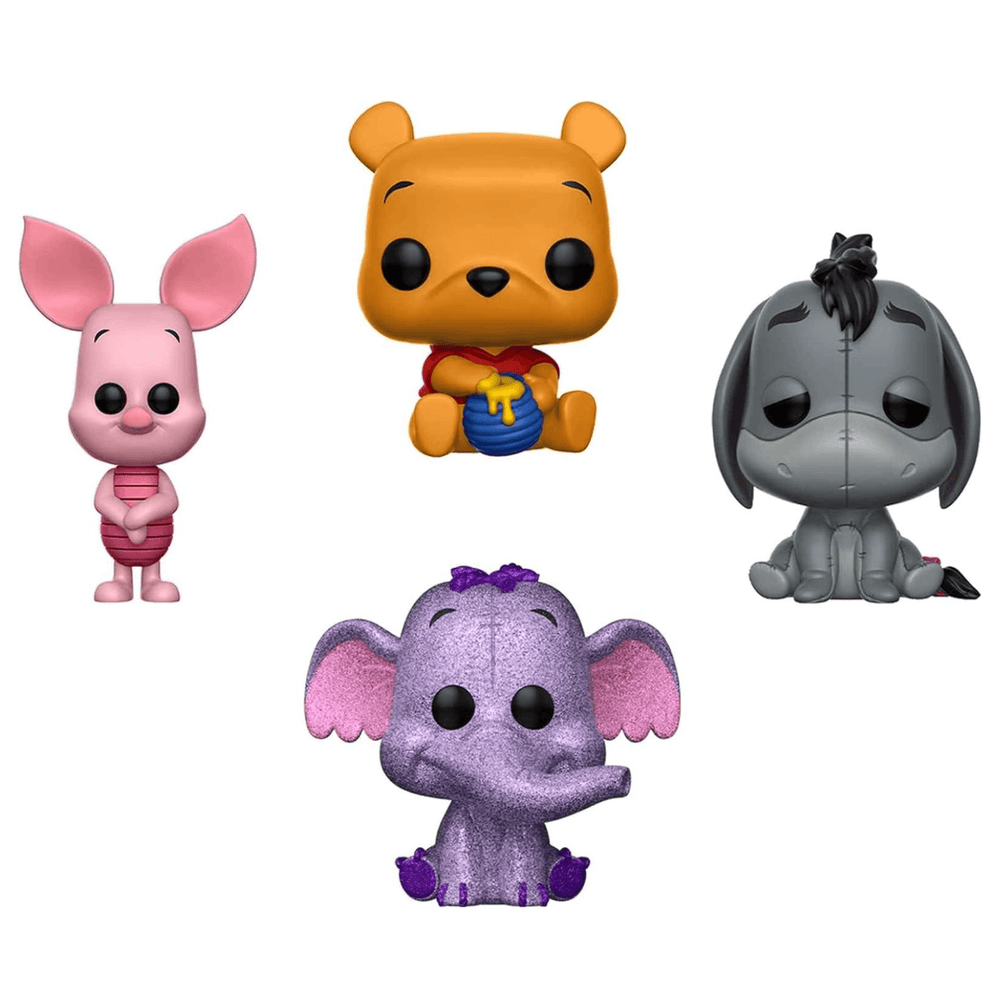 vinyl figure characters include winnie the pooh with his honey pot, piglet with his harms folded over, eeyore looking gloomy and purple glittery happy heffalump