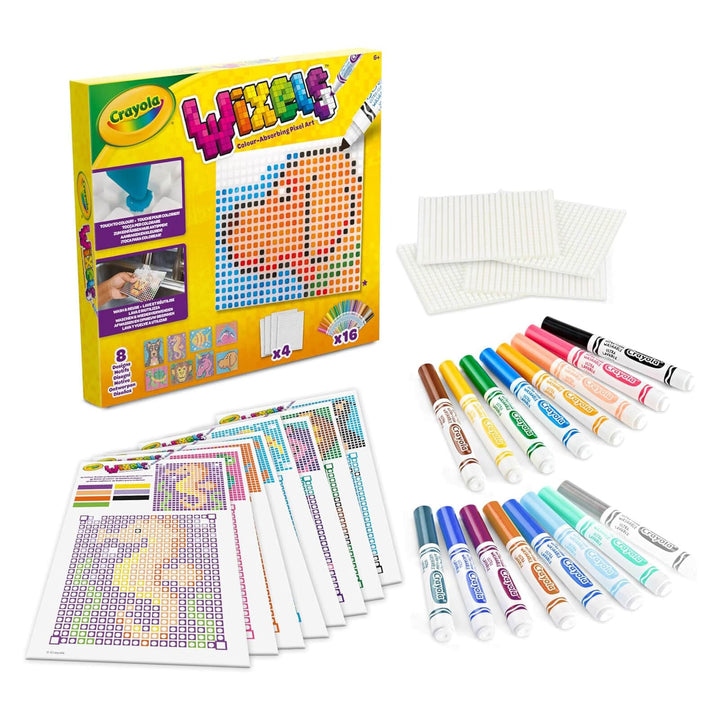 Contents of Crayola Wixels animal pixel art kit with 16 colour markers and 8 design guides
