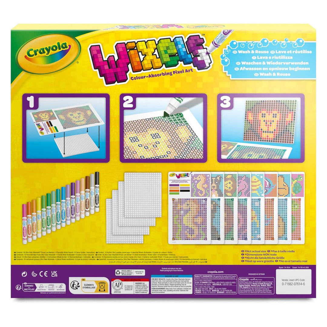 Back of Crayola Wixels colour-absorbing pixel art set packaging with illustrations and Crayola logo.