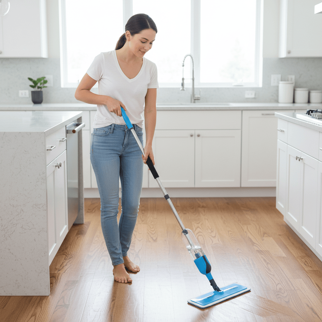 Woman cleaning a wooden floor with a mop in a bright kitchen.