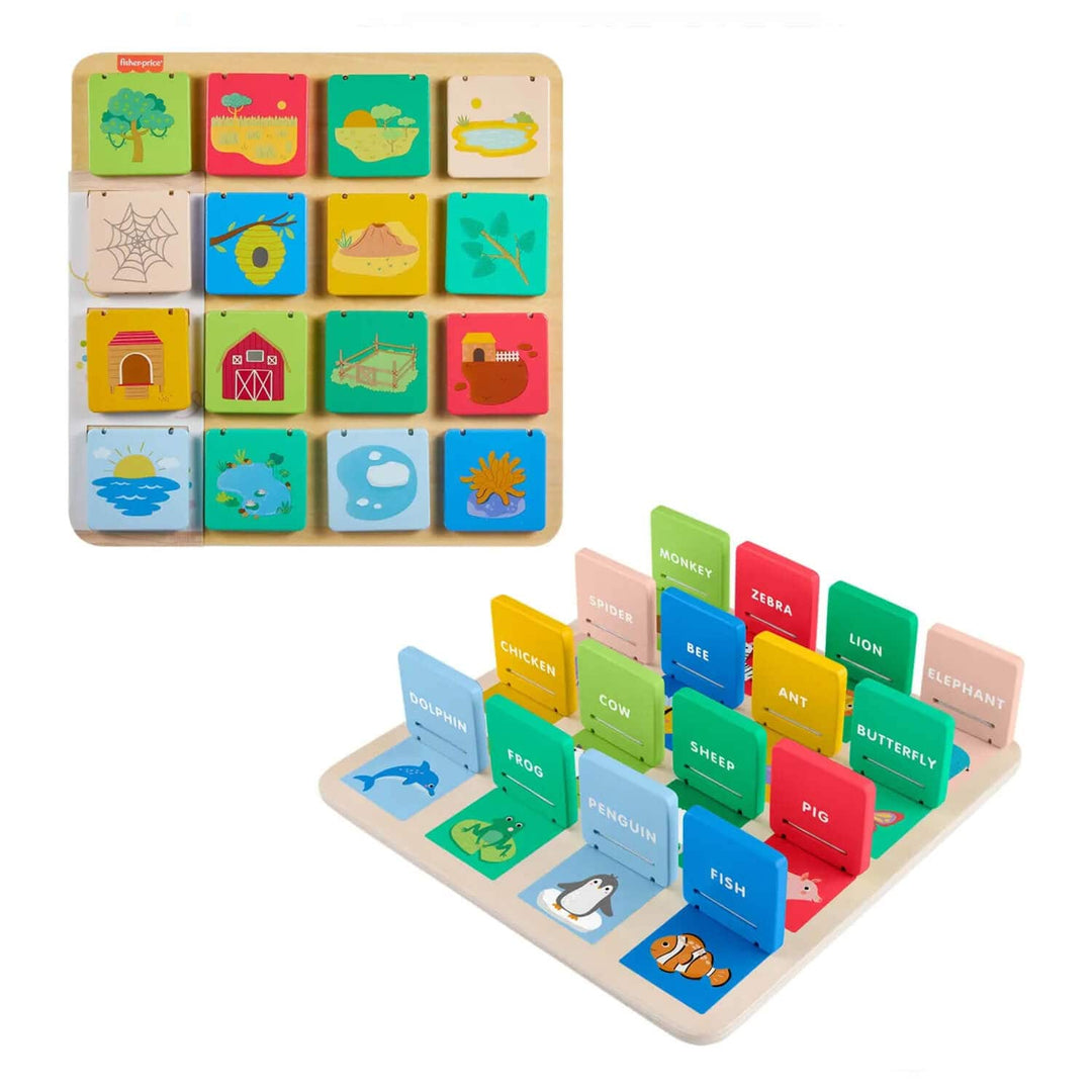 Colourful wooden educational toy with square flip tops on a white background