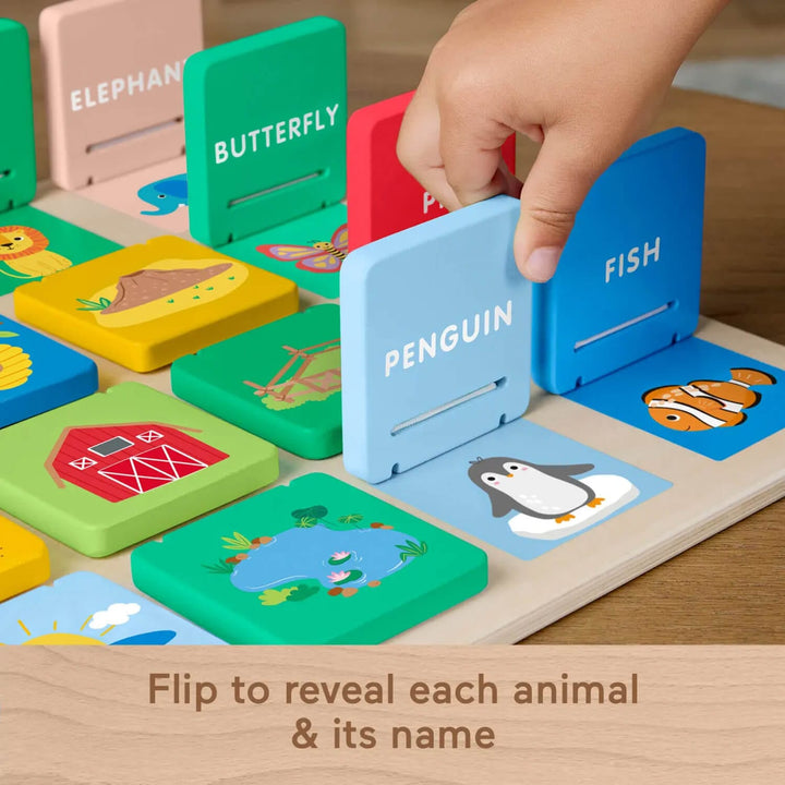 Children's educational toy with animal illustrations and names on flip cards.