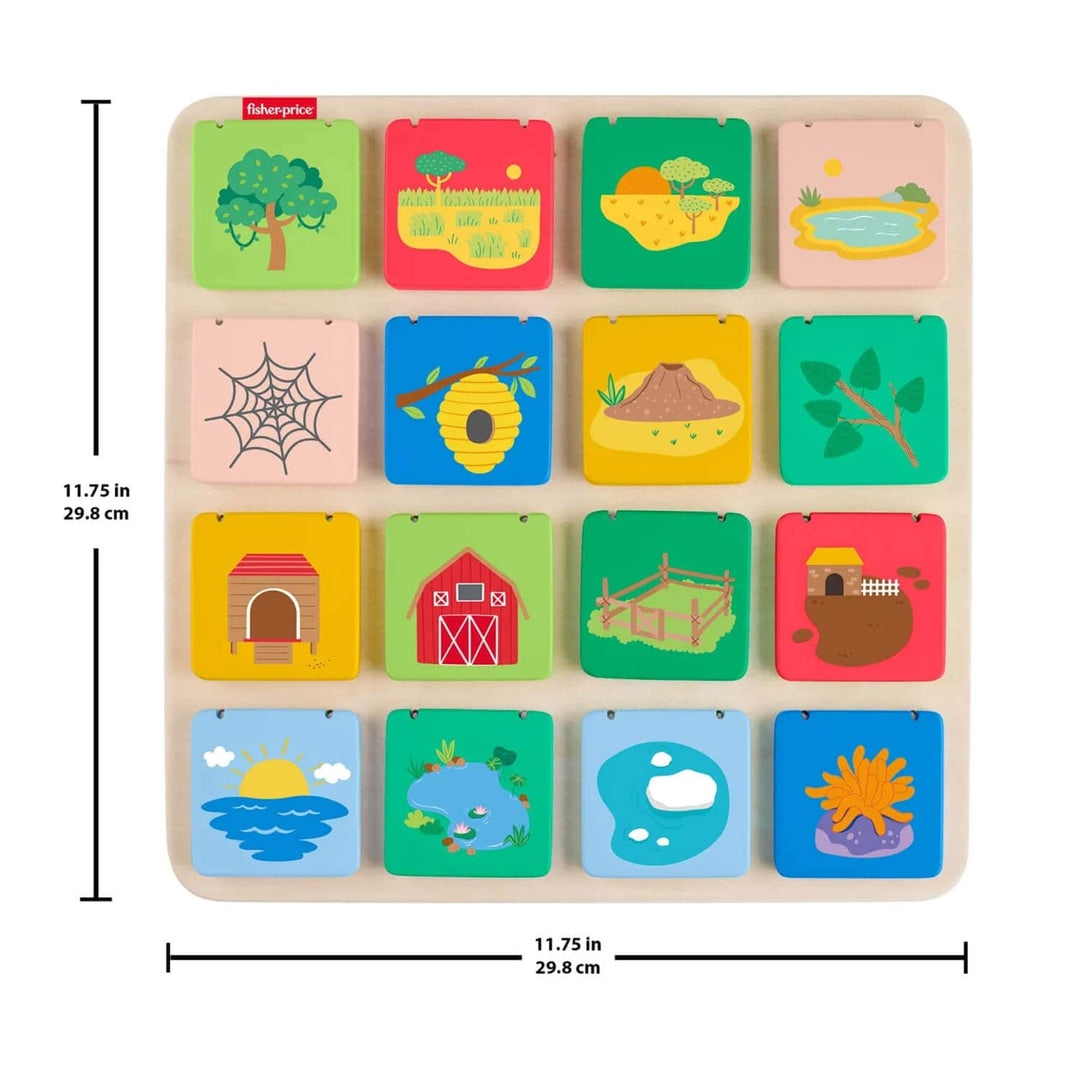 Wooden lift and reveal board with colourful animal habitat illustrations on a white background