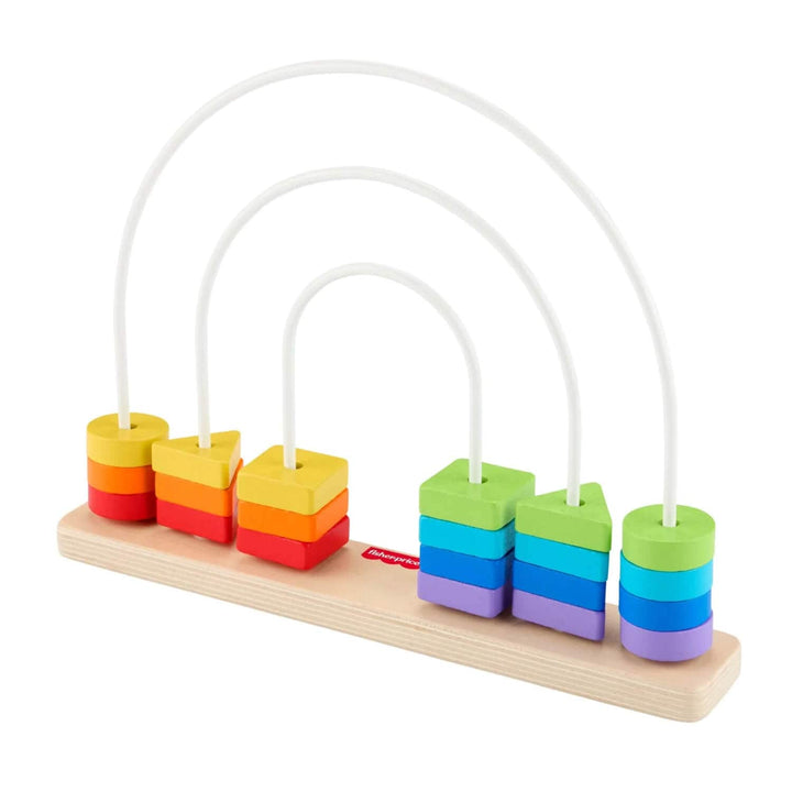 Colourful wooden toy arch with rainbow-coloured beads on a white background