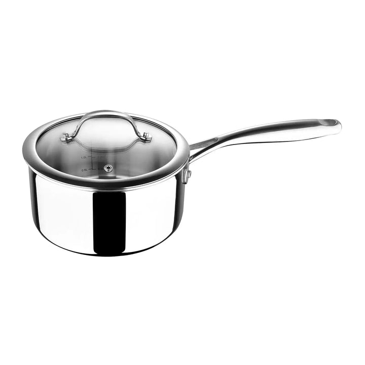 small silver suacepan with glass lid