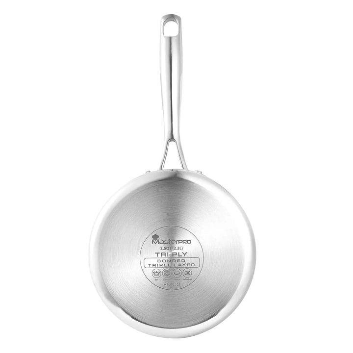 View of the base of a 2.3 Litre capacity triple layer saucepan