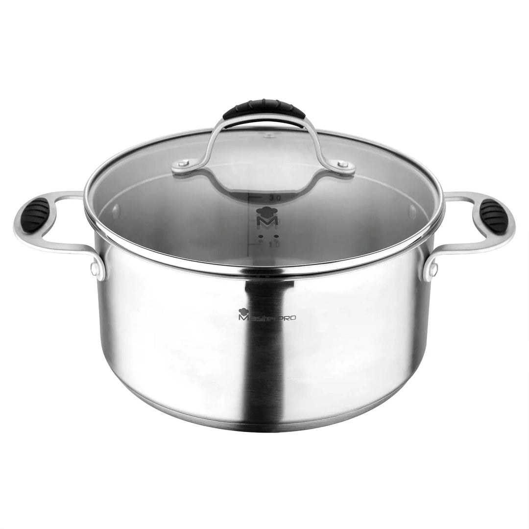 Stainless steel casserole dish with glass lid and silicone inset handles