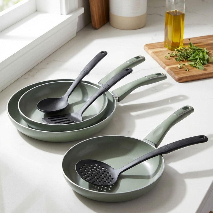 Set of 3 Frying Pans With 3 Utensils Aluminium Non-Stick Green