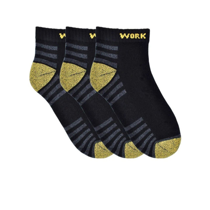 Three pairs of black and gray striped socks with yellow accents on a white background, labeled &