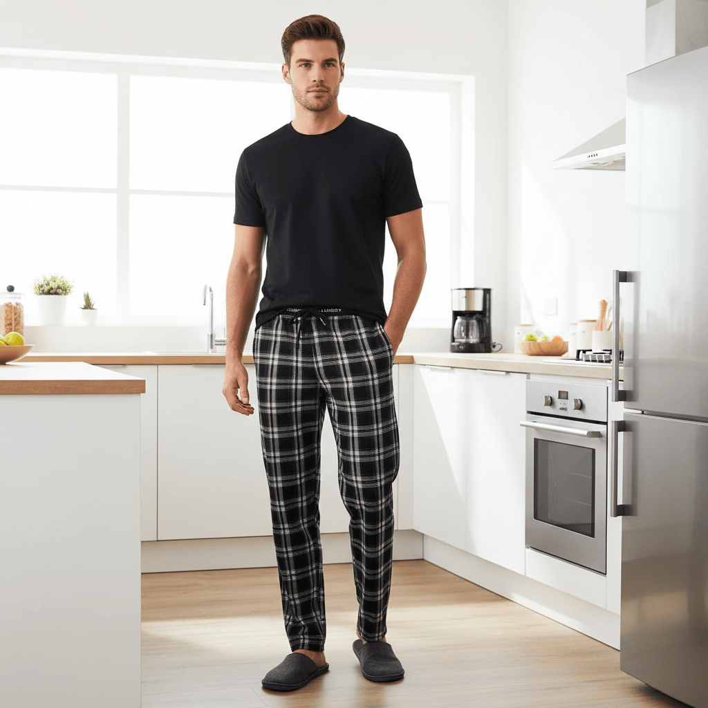 Man wearing a black t-shirt and plaid pants standing in a modern kitchen.