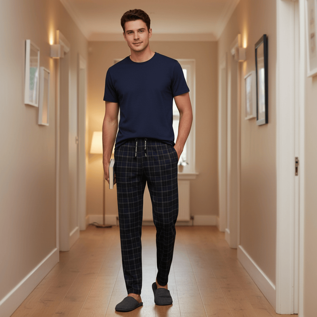 Man wearing a navy t-shirt and plaid pants standing in a hallway.