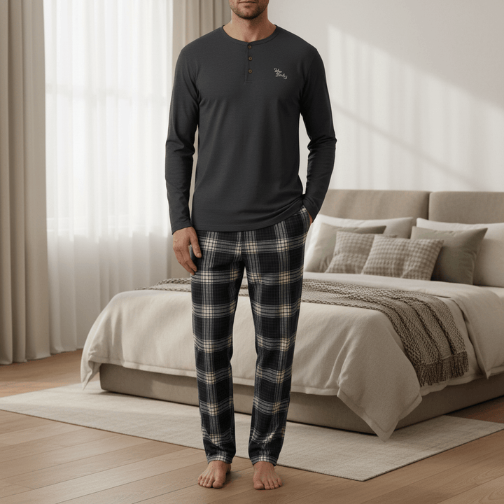 Mens Lounge Set PJs Long Sleeve Top Checked Trousers Cotton