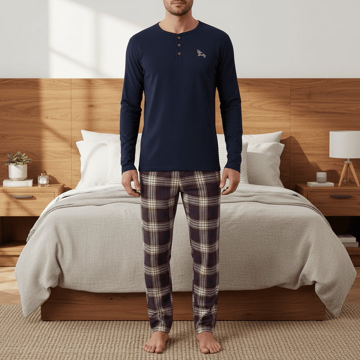 Mens Lounge Set PJs Long Sleeve Top Checked Trousers Cotton