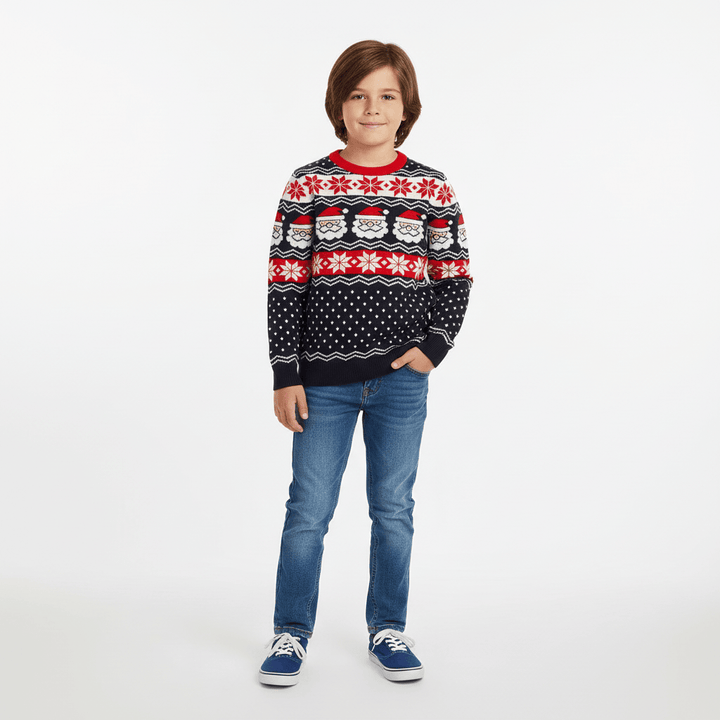 Kids Christmas Jumper Santa Head Snowflakes Red Black Nordic