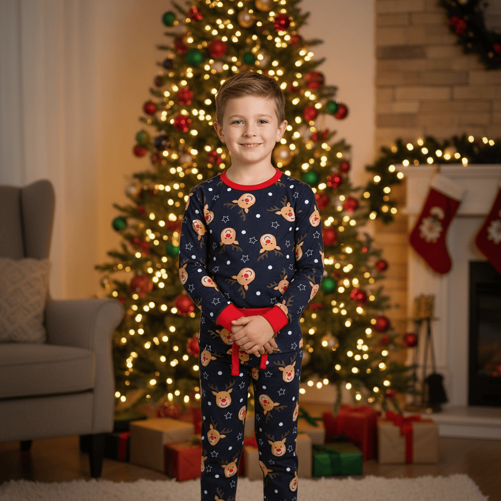 Young boy in pajamas standing in a festive living room with Christmas tree and decorations.