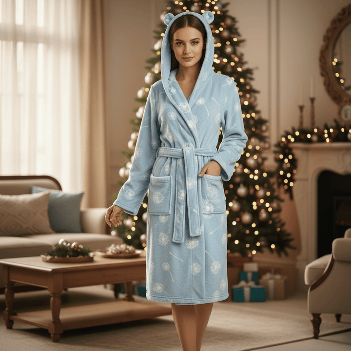 Womens Hooded Dressing Gown Dandelion Blue Soft Fleece Robe