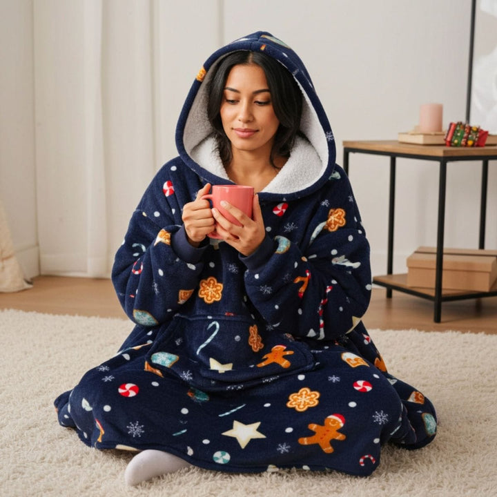 Adults Christmas Hoodie Blanket Festive Fleece Hooded Top One Size